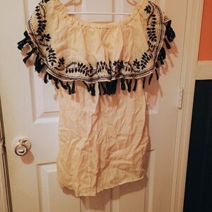 Boho Off-Shoulder Dress with Black Embroidery